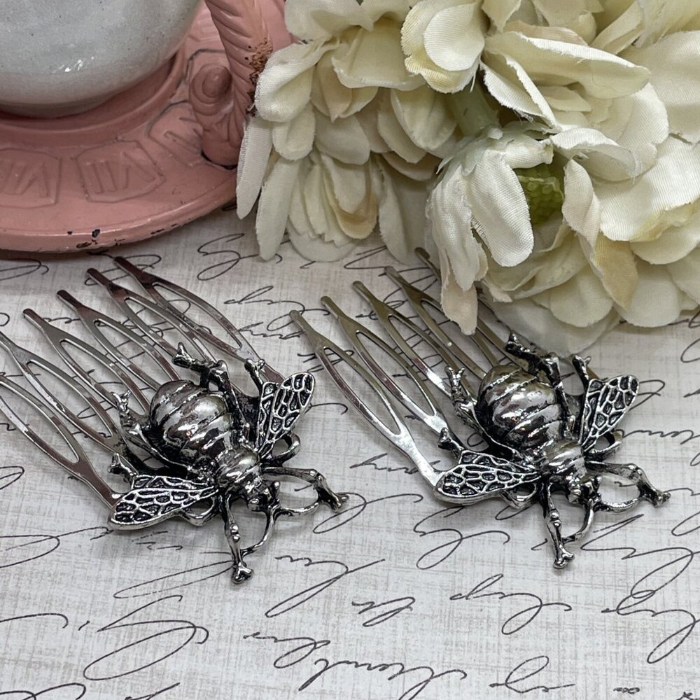 1 Pair Silver Long Bee Bridal Hairpin Bobby pin wedding hair festival Honey Comb - Picture 6 of 11